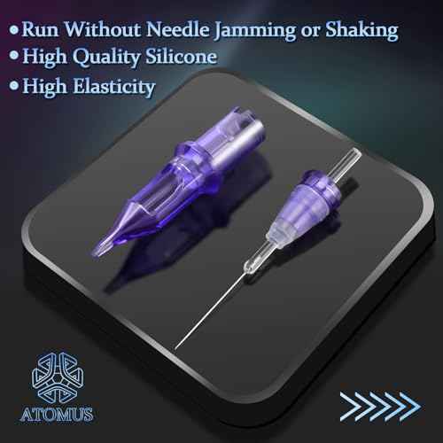 ATOMUS 20pcs Tattoo Cartridge Needles with 20pcs Silicone Ink Cups Size #10 RL RS RM M1 Purple Round Liner Tattoo Needles for Tattoo Gun Pen Liner Pattern (1RL)