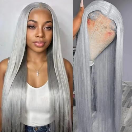 SOSEXY Grey Lace Front Wigs Straight 13x4 Lace Frontal Human Hair Wig 180% Density HD Transparent Lace with Baby Hair