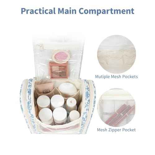 Narwey Hanging Toiletry Bag Women Travel Makeup Bag Organizer Toiletries Bag for Travel Size Essentials Accessories Cosmetics (Medium,Little Blue Flower)