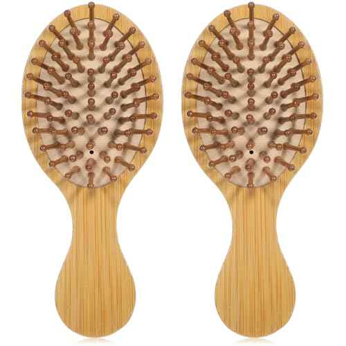Bamboo Hair Brush, 2pcs Mini Paddle Detangling Hairbrush Wooden Hair Brush Portable Scalp Massage Comb Pocket Size Anti-Static Travel Hair Brush for Thick Thin Curly Dry Wet Hair