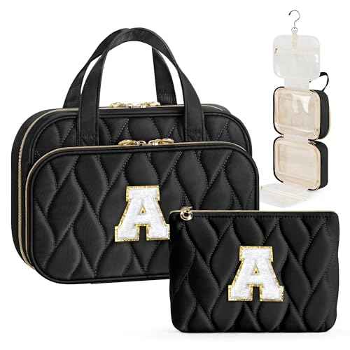YOOLIFE Teen Girl Gifts Trendy Stuff - Birthday Gifts for 7 8 9 10 11 12 13 14 15 16 17 18 Year Old Teen Girls, Hanging Toiletry Bag Initial Makeup Bag Black - A