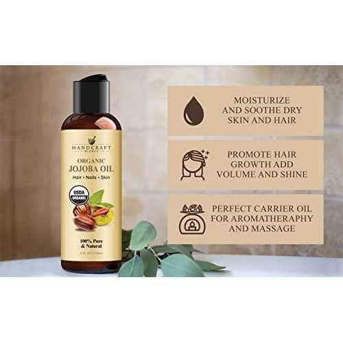 Handcraft Blends USDA Organic Jojoba Oil - Cold-Pressed 4 Fl Oz - 100% Pure and Natural - Premium Grade Carrier Oil for Skin and Hair - Hair and Body - Massage - Hexane-Free