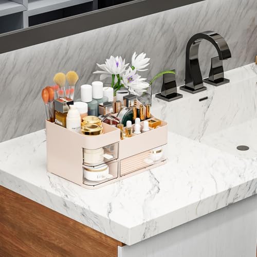 SuoXing Pink Makeup Organizer for Vanity,Large Plastic Skincare Organizers With Drawers,Bathroom Counter Organizer Cosmetic Storage for Dresser Top Skin Care,Lotion,Beauty Products and Brush Holder