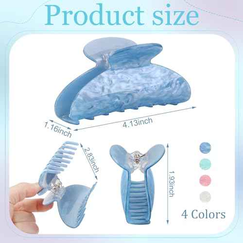4.2 Inch Large Acrylic Claw Clips, Cute Pink Blue Hair Clips Strong Hold Hair Claw Barrettes for Thick Thin Hair, 4 Pack Stylish French Hair Accessories for Women Girls