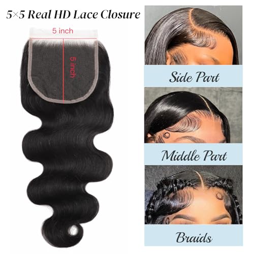 5x5 SKINLIKE 100% Real HD Lace Closure Body Wave Human Hair Closure 0.095mm Ultra-thin Invisible Swiss HD Lace Closure Pre Plucked Small Single Knots Brazilian Virgin Human Hair Closure 18inch