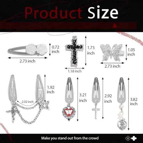 Punk Hair Clips Y2K Silver Barrettes 10PCS Butterfly Pendant Metal Snap Clips 7 Shapes Black Cross Alligator Clips Baroque Flower Hair Accessories for Women and Girls