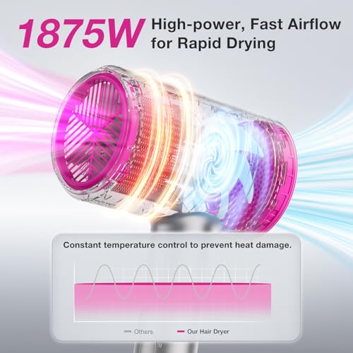Ionic Diffuser Hair Dryer for Curly Hair, 1875W Fast Drying Blow Dryer with Diffuser and Concentrator Nozzle, Compact & Portable Negative Ion Hairdryer Blowdryer, 3 Heat 2 Speed Settings, Gray