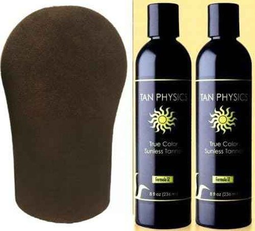 Tan Physics Sunless Tanner 8oz (Pack of 2) with Tanning Mitt – Self Tanning Lotion – Instant Tan Lotion for Face & Body – Natural Self Tanner for a Streak-Free, Long-Lasting Glow