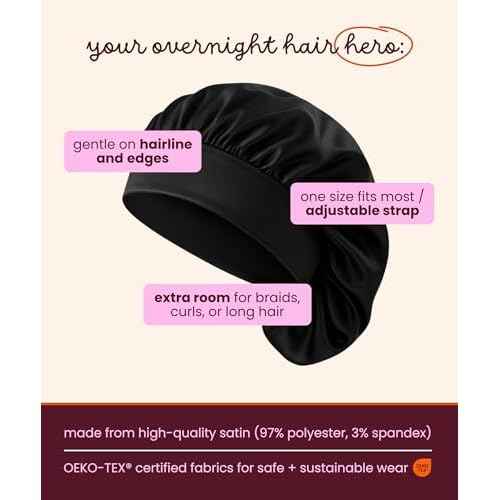 Cobana Adjustable Satin Sleep Bonnet ? Silk Bonnet & Double-Lined Night Cap for All Hair Types ? Soft, Slip-Resistant Hair Wrap for Sleeping (Black)