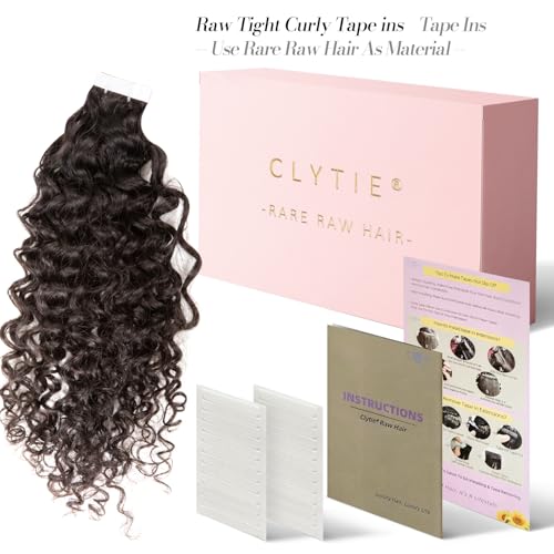Clytie Raw Curly Tape in Hair Extensions Real Human Hair, One Donor Tight Curly Human Tape ins Hair Extensions 20 PCS 20IN Salon Bleachable Deep Curly 50g Invisible Taping for Thin Hair Light Weight