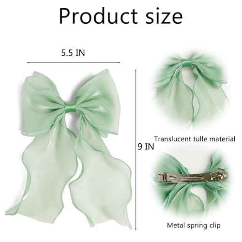 2Pcs Large Emerald Green Silk Hair Bows for Women Long Tail French Barrettes Wedding, Christmas Hair Clips for Thick Hair