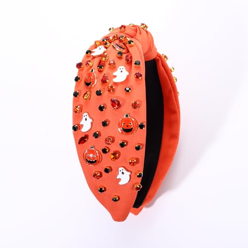 Halloween Headband for Women Spooky Pumpkin Spider Ghost Headband Jeweled Rhinestone Crystal Knotted Headbands Embellished Wide Top Knot Headbands Halloween Hair Accessories Gifts (Ghost&Pumpkin)