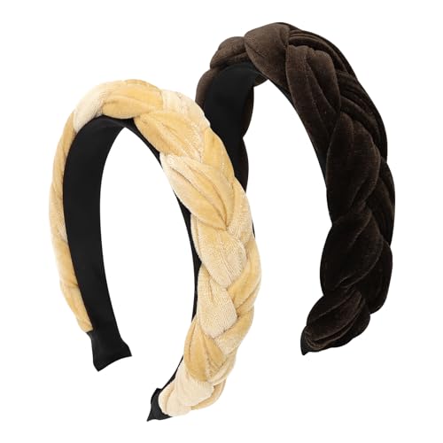 YISSION 2PCS Velvet Braided Headbands Non Slip Head Band Fashion Head Bands Padded Headband for Women Khaki Coffee Headband Hair Accessories for Women