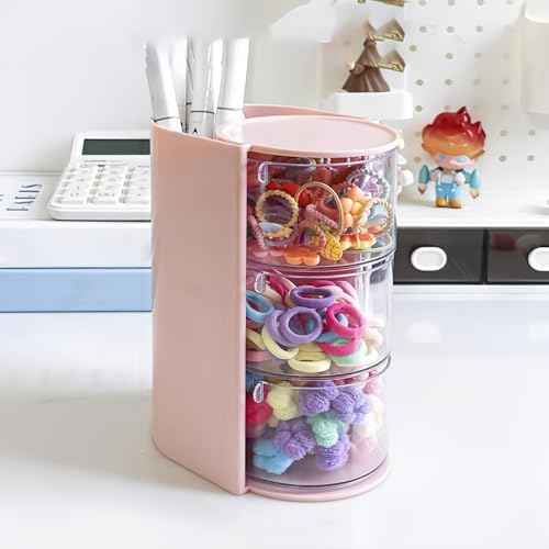 Hair Accessories Organizer with Hair Brush Holder, Rotatable Makeup Brush Holder for Necklaces, Earring, Bracelet, Ring, Makeup Brushes, Hair Clip and Hair Accessories (Pink, 3-Layer)