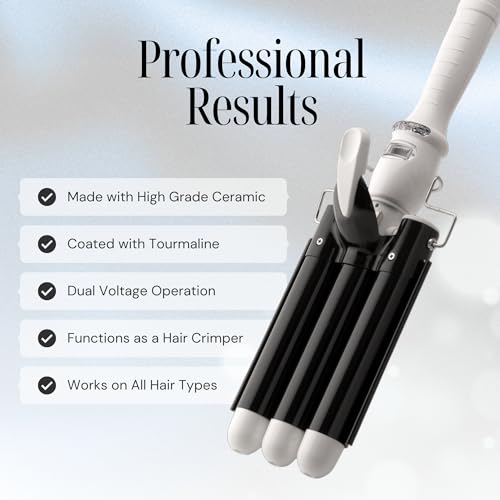 Alure Three Barrel Curling Iron Wand Hair Waver with LCD Temperature Display - 1 Inch Ceramic Tourmaline Triple Barrels, Dual Voltage Crimp (Black/White)
