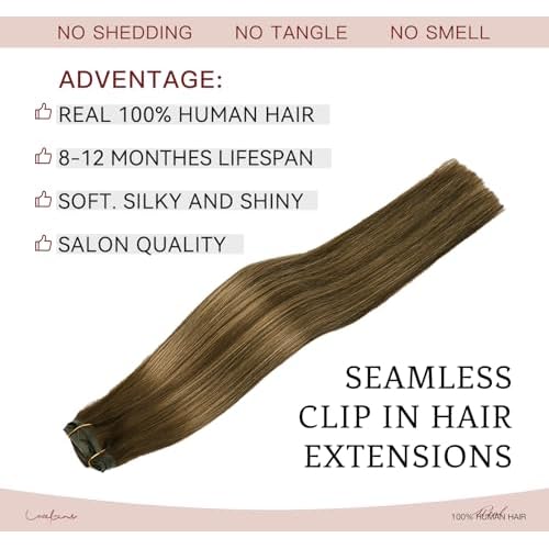 LOVELINE Seamless Clip in Hair Extensions Real Human Hair, Luxury Remy Human Hair Extensions Clip ins for Women, 18 Inch 110g 7Pcs, Balayage Chocolate Brown to Caramel Blonde