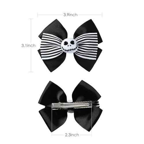 2Pcs Ghost Skull Hair Bows Black White Striped Ribbon Hair Clip Christmas Halloween Accessories Party Decorations