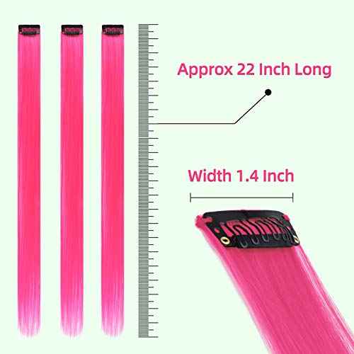 Pink Hair Extensions Clip in, 22 Inch 10 Pcs Long Straight Colored, for Kids Girls Women Highlight Party, Synthetic