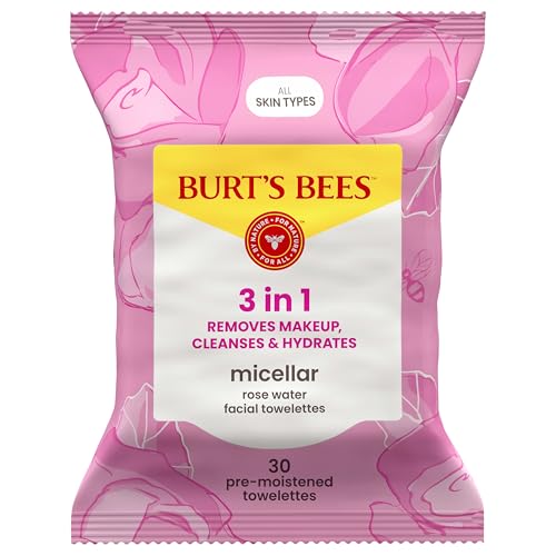 Burt¡¯s Bees Micellar Rose Water Facial Towelettes, 100% Plant Based Cloth; 99% Natural Origin; Remove Makeup, Cleanse, Hydrate; No Greasy, Oily Residue; All Skin Types (Pack May Vary)