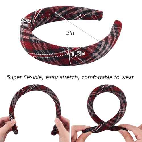 4Pcs Padded Headbands for Women Girls Cute Thick Plaid Hairbands Adult Set Green Navy Blue Brown Red Skincare Hair Hoop Wide Non Slip Soft Headwear Cloth Bulk Fashion Accessories Makeup Christmas Gift