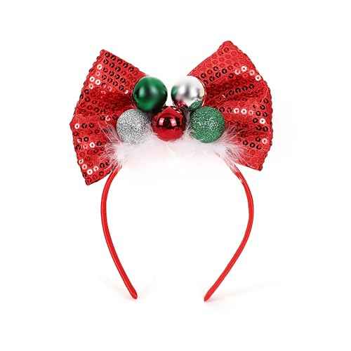 Christmas Headbands for Women, Christmas Ball Headband Red Bow Hair Hoops Sequin Design Cute Hair Bands Holiday Hair Decorations for Christmas Party Costume Props Hair Accessories (1Pcs)