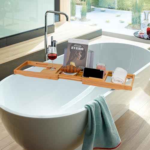 Utoplike Bamboo Bathtub Caddy Tray Bath Tray for Tub, Adjustable Bathroom Bathtub Organizer with Book Tablet Wine Glass Cup Towel Holder