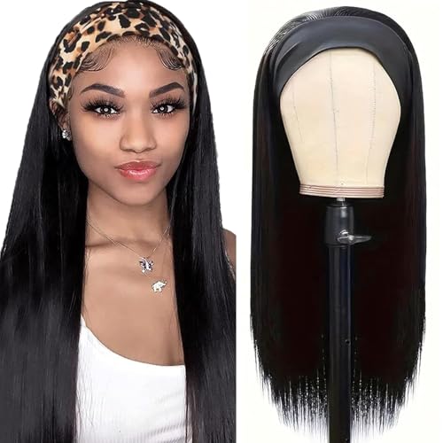 Headband Wig Human Hair 20 Inch Straight Headband Wigs 180% Density Glueless Wigs for Black Women Glueless No Lace Front Human Hair Natural Color Brazilian Virgin Hair