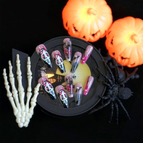 Halloween Long Press on Nails xl Coffin Fake Nail French Tip Ghost Faces Designs False Nails Press Ons Pink Pumpkin Stick on Nails Full Cover Artificial Nails Gift for Women 24pcs
