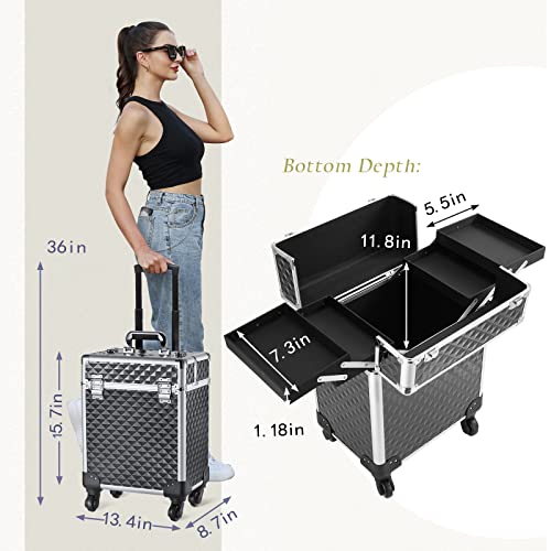 Rolling Makeup Train Case Large Cosmetic Trolley Organized Aluminum Barber Case for Hairstylist Makeup Nail Tech Salon with Keys Swivel Wheels Traveling Cart Trunk - Black