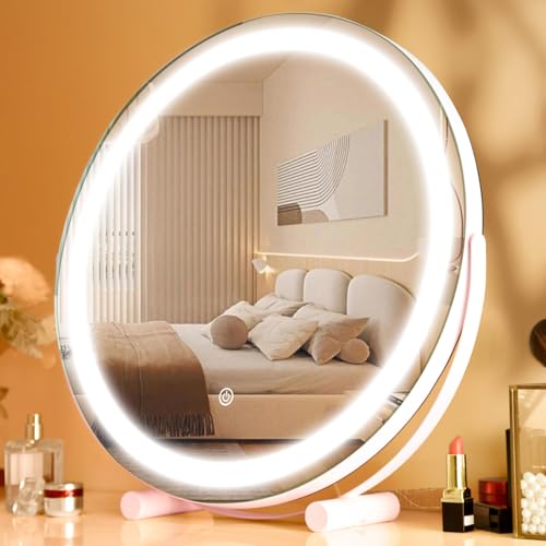 18" Makeup Vanity Mirror with Lights, 3 Color Lighting Dimmable LED Mirror, Touch Control, 360¡ÆRotation, High-Definition Large Round Lighted Up Mirror for Bedroom Tabletop Desk (White-2)