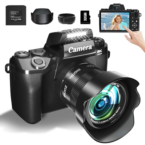 8K Digital Camera for Photography, WiFi & Dual-Lens Vlogging Camera for YouTube with 4" Touch Screen, 64MP Vlog Cameras 16X Digital Zoom with 3000mAh Battery, 32GB TF Card & Lens Hood(Black)