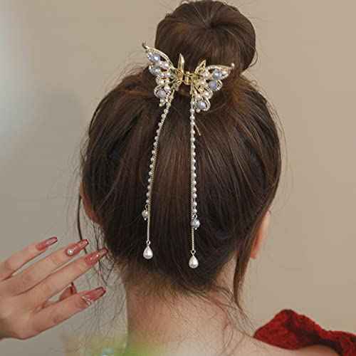 2PCS Butterfly Hair Clips for Women Metal Nonslip Small Claw Clip Peal Tassel Sparkling Hairpins Fashion Styling Hair Accessories Gift