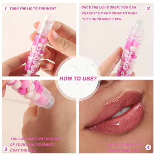 6pcs Macaron Rolling Ball Lip Gloss,Transparent Moisturizing Lip Oil,Lip Gloss for Dry and Chapped Lips,Glossy Lip Make-up for All Age