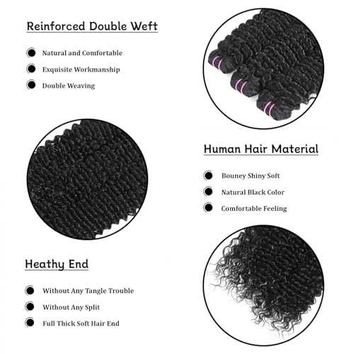 15A Raw Human Hair Bundles Deep Wave Bundles Human Hair,Triple Lifespan Indian Virgin Hair,No Tangle Shedding,Multiple Washes Keep Texture Silky Soft (3 Bundle Natural Black, 16 16 16)