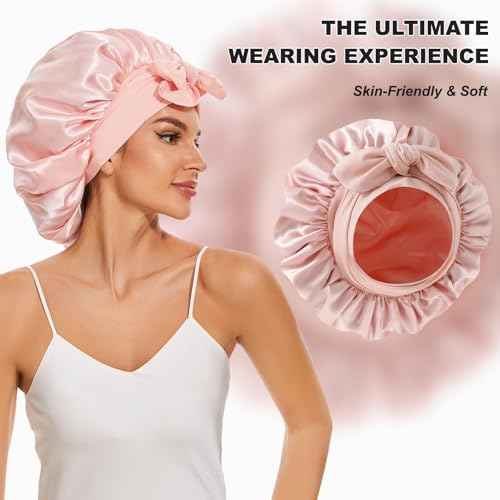 Large Silk Bonnet for Sleeping, Satin Hair Bonnet for Sleeping with Tie Band, Double Layer Satin Bonnets for Women Natural Curly Hair Shower cap