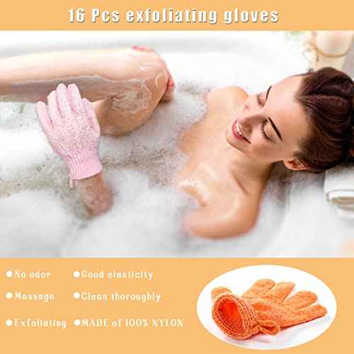 Bath Gloves,16 Pcs Exfoliating Bath Gloves,Body Scrub Gloves with Hanging Loop for Beauty Spa Massage Skin Shower Body Scrubber-8 Colors