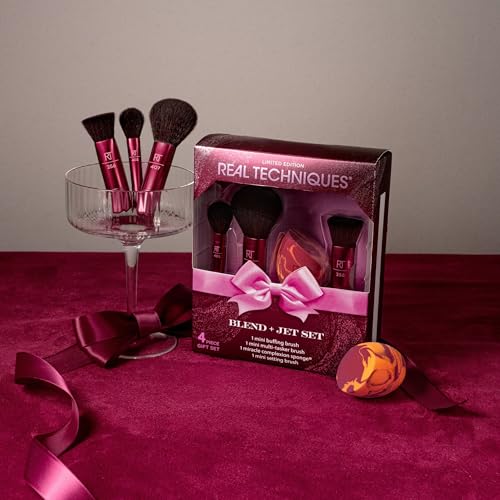 Real Techniques Blend + Jet Set Travel Makeup Brush & Sponge Set, 4 Piece Mini Holiday Gift Set for Foundation, Blush & Setting Powder, Compact & Travel Friendly, Cruelty-Free & Vegan