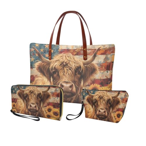 3PCS Tote Bag with Wallet, Purse and Wallet Set for Women Large Top Handle Purse Casual Satchel Handbag