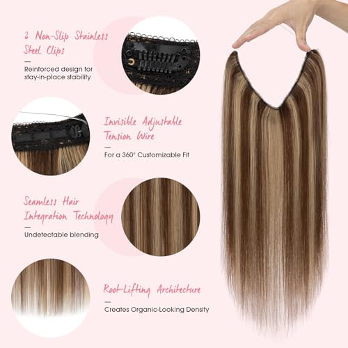Halo Hair Extensions,Prokyvity Halo Hair Extensions Real Human Hair,Invisible Adjustable Wire Extensions for Seamless Blending 20 inch/70g Medium Brown Streaked with Dark Blonde