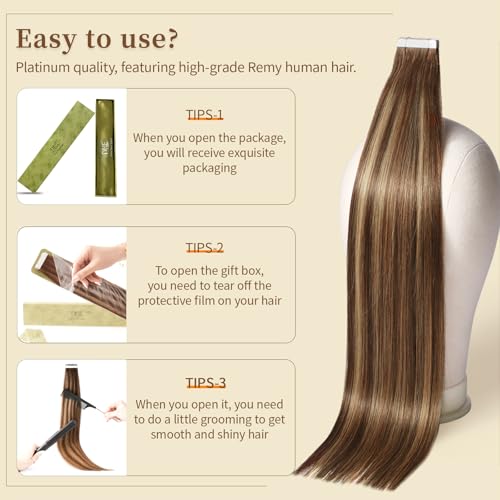 DNE Tape in Hair Extensions Real Human Hair 24 inches 20Pcs/50g/Pack Seamless Dark Brown to Chestnut Brown#T4-P4/27 Straight Invisible Double Sided Tape in Hair Extensions for Women/Girls