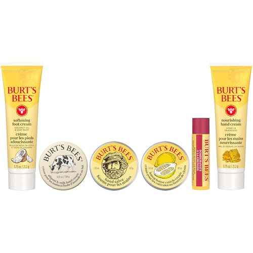 Burt's Bees Christmas Gifts - Tips and Toes Kit, 6 Travel Size Products for Stocking Stuffers - Pomegranate Moisturizing Lip Balm, 2 Hand Creams, Foot Cream, Cuticle Cream, and Hand Salve