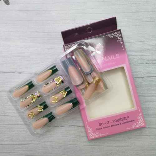 Square Press on Nails Long Fake Nails Green French Tip False Nails with 3D Butterfly Rhinestones Design Nude Pink Artificial Acrylic Nails Full Cover Glossy Spring Stick on Nails for Women Girls 24Pcs
