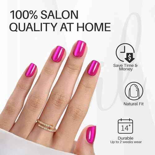Hot Pink Press on Nails Short - Cat Eye Press on Nails Square for Women Gift, Natural Fit & Glossy Stick on Nails in 16 Sizes - 32 Reusable Soft Gel Fake Nails with Glue, Hot Pink