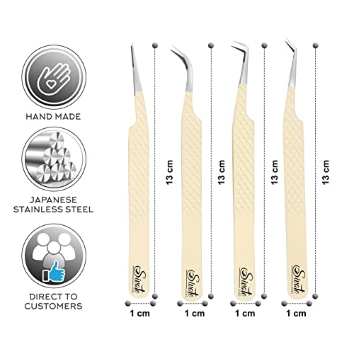 SIVOTE Fiber Tips Lash Tweezers for Eyelash Extensions, Set of 4, Curved, Dolphin, 90 Degree & 45 Degree Tweezer, Vanilla