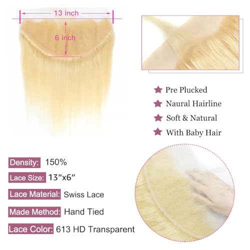 613 Frontal Straight 13x6 Transparent HD Lace Frontal Closure 12A Brazilian Virgin Remy Hair Free Part Ear to Ear Blonde Frontal Human Hair For Women Pre Plucked With Baby Hair 150% 16 Inch
