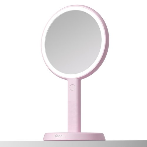 Fancii Cami Handheld Travel Makeup Mirror with Lights, Rechargeable, Extra Large, Double Sided 5X / 1X Magnifying Mirror - 3 Color Lighting, Handheld or Vanity (Strawberry Cream)