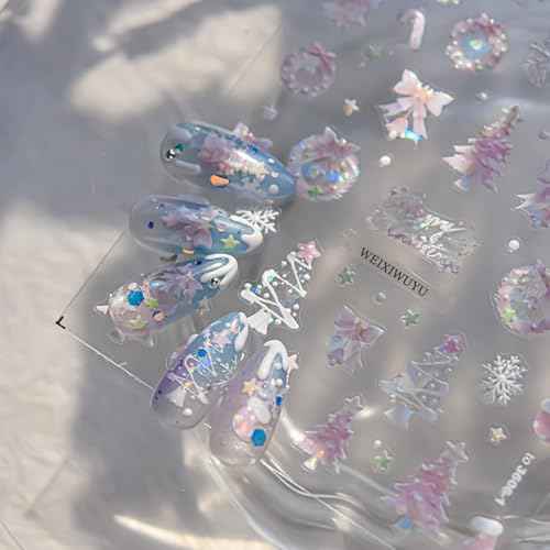 1 Sheet Pink Aurora Christmas Nail Art Sticker 5D Embossed Christmas Tree Snowflake Bowknot Cute Christmas Stocking Nail Decal Acrylic Design Women DIY Nail Salon
