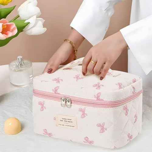 Large Travel Quilted Makeup Bag£¬Cute Bow Cotton cosmetic bag, Fashionable aesthetic makeup bag,Coquette Aesthetic Floral Travel Toiletry Bag for Women and Girls