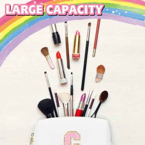 Initial Makeup Bag,Personalized preppy bag Waterproof PU Leather Chenille Letter Cosmetic Bag,Portable Travel Toiletry Bag Monogram Birthday Gift for Women Girls Mom Friends (Letter C)