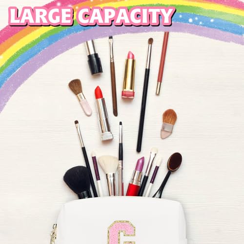 Initial Makeup Bag,Personalized preppy bag Waterproof PU Leather Chenille Letter Cosmetic Bag,Portable Travel Toiletry Bag Monogram Birthday Gift for Women Girls Mom Friends (Letter C)